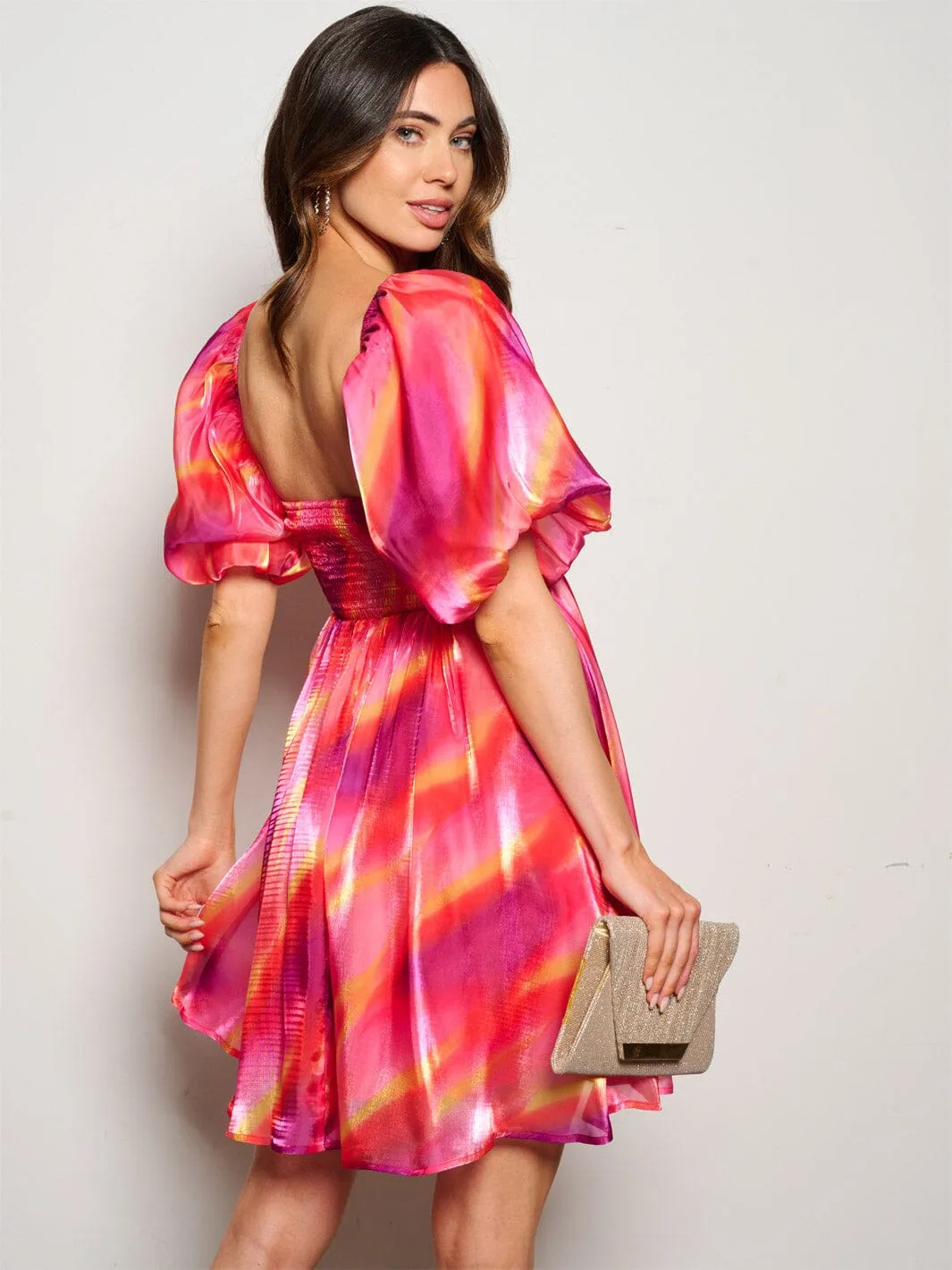 WOMEN'S SHORT PUFF SLEEVE SMOCK SHIMMER FIT & FLARE MINI DRESS