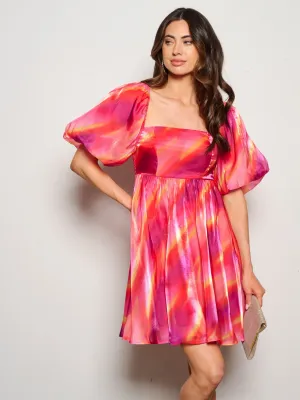 WOMEN'S SHORT PUFF SLEEVE SMOCK SHIMMER FIT & FLARE MINI DRESS
