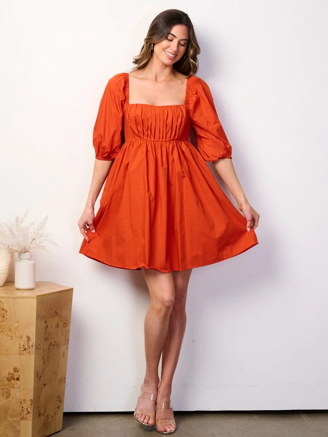 WOMEN'S SHORT PUFF SLEEVE SQUARE NECK FIT & FLARE MINI DRESS