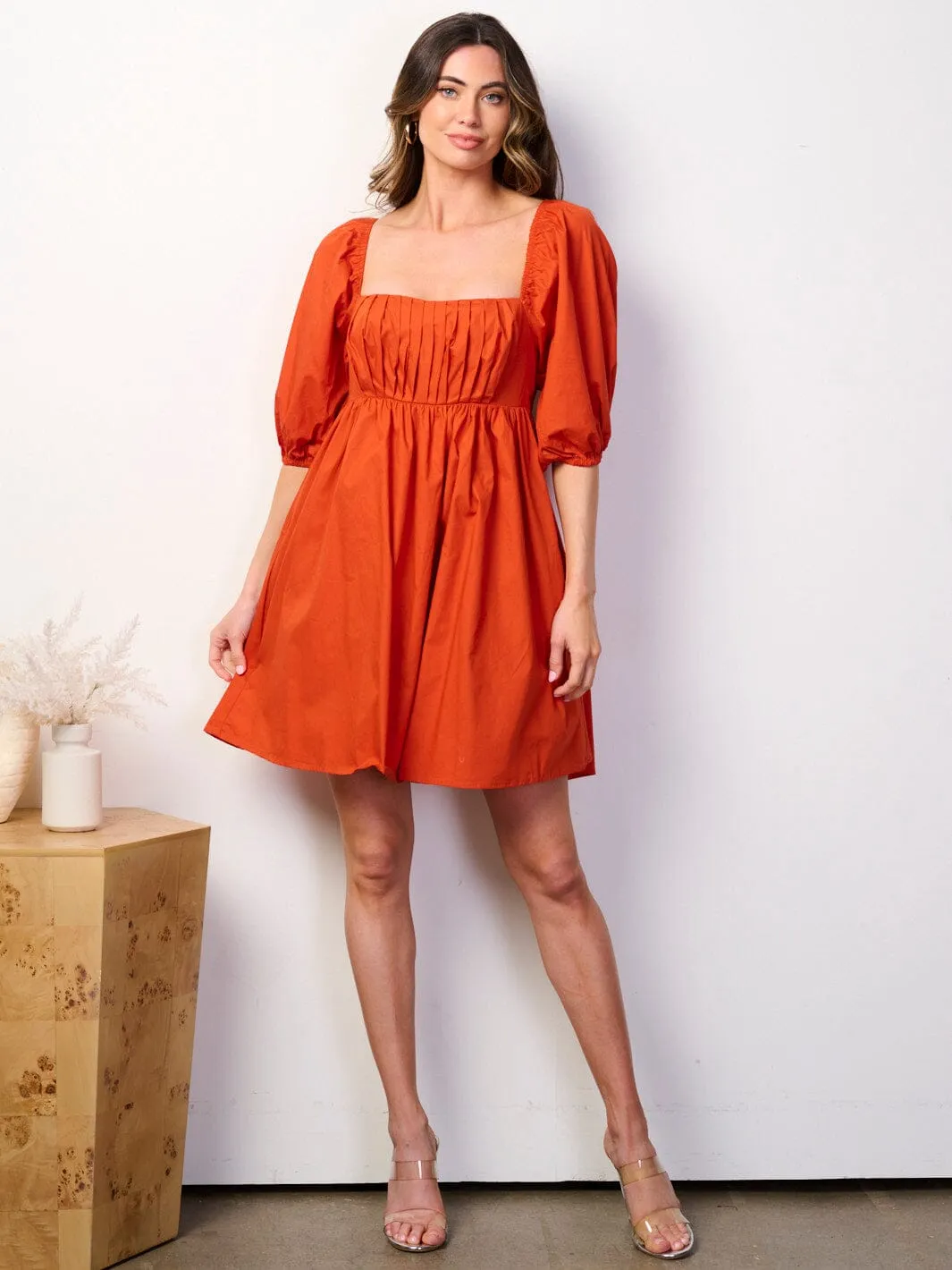 WOMEN'S SHORT PUFF SLEEVE SQUARE NECK FIT & FLARE MINI DRESS