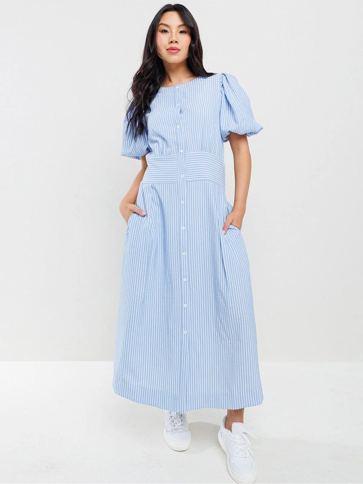 WOMEN'S SHORT PUFF SLEEVES BUTTON UP POCKETS STRIPES MAXI DRESS