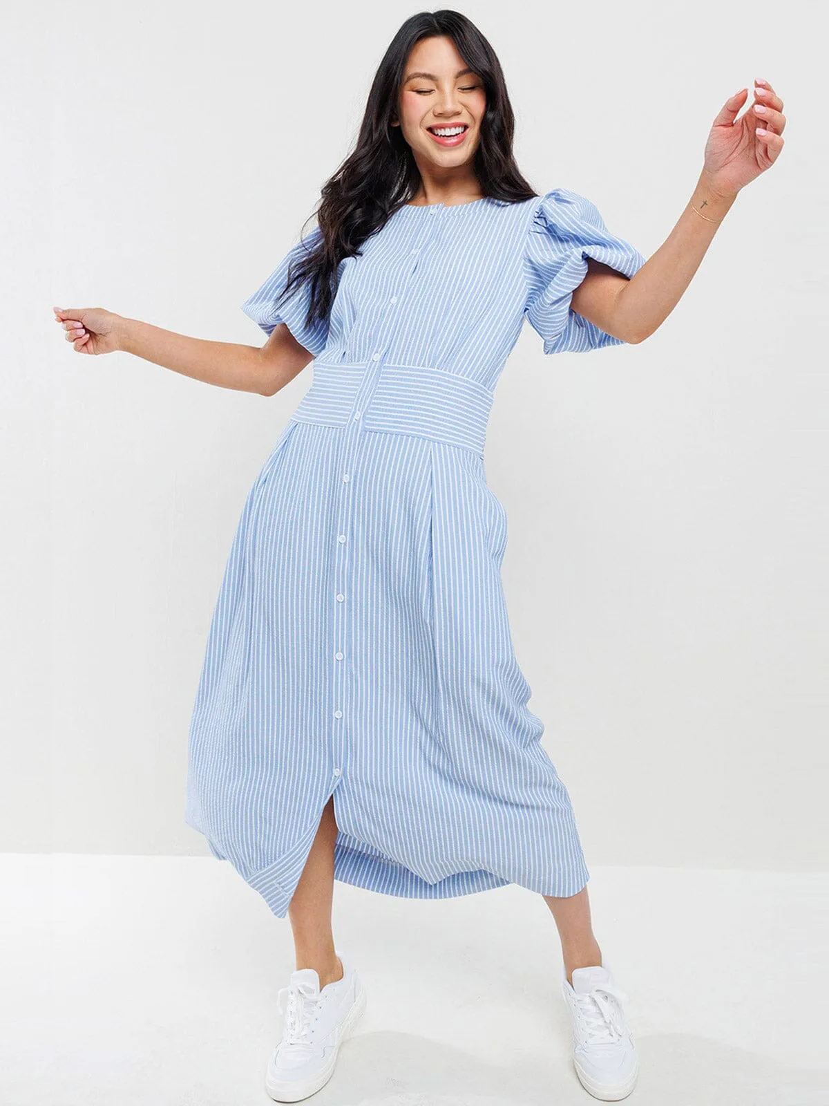 WOMEN'S SHORT PUFF SLEEVES BUTTON UP POCKETS STRIPES MAXI DRESS