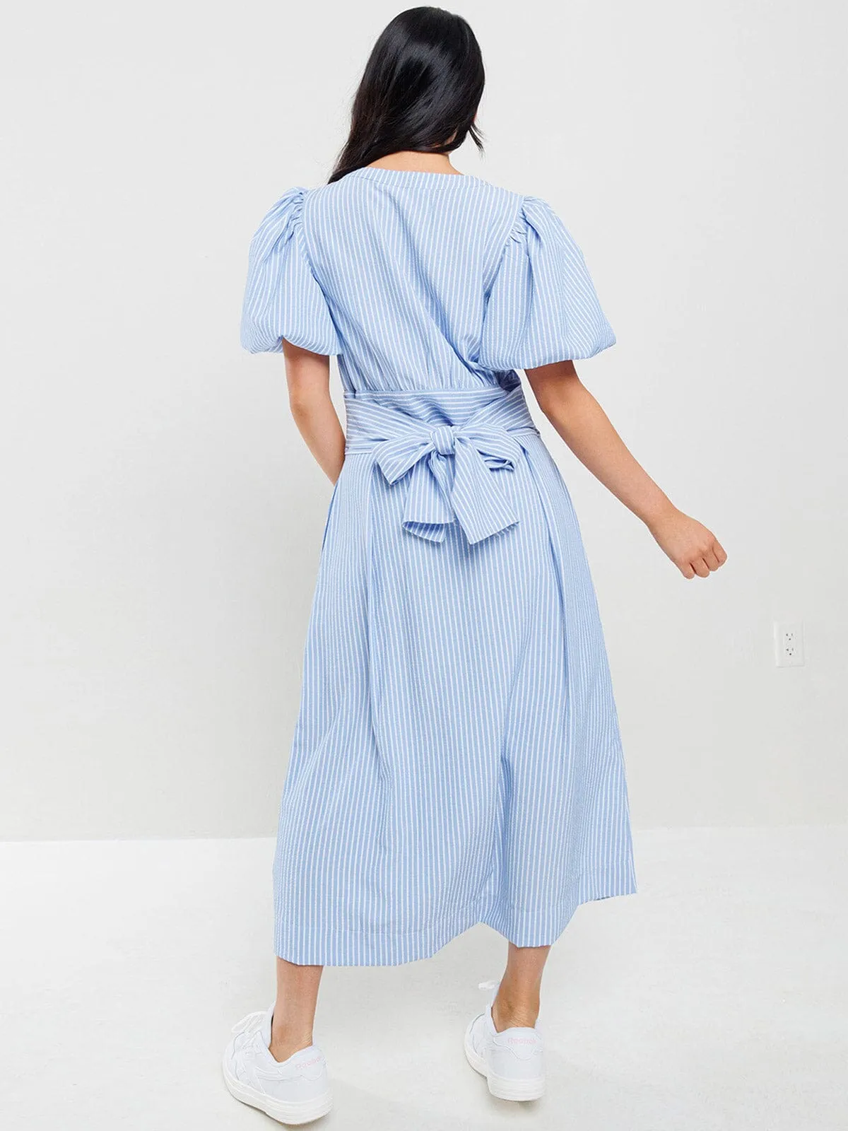 WOMEN'S SHORT PUFF SLEEVES BUTTON UP POCKETS STRIPES MAXI DRESS