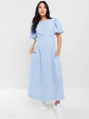 WOMEN'S SHORT PUFF SLEEVES BUTTON UP POCKETS STRIPES MAXI DRESS