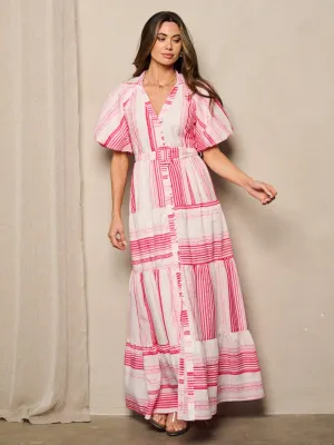 WOMEN'S SHORT PUFF SLEEVES BUTTON UP PRINTED MAXI DRESS