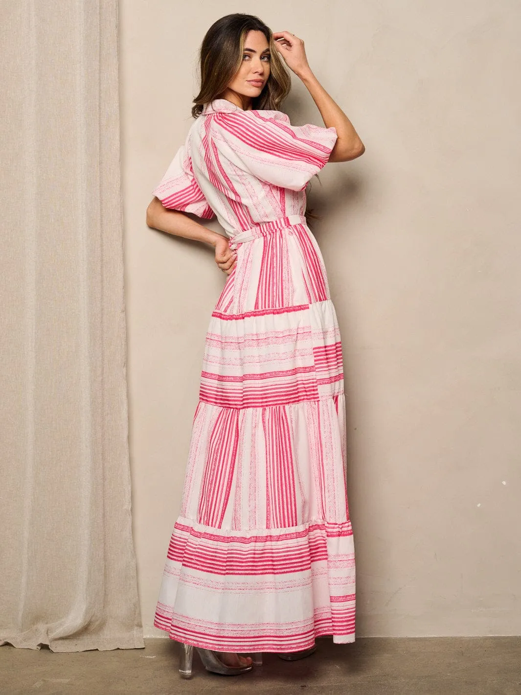 WOMEN'S SHORT PUFF SLEEVES BUTTON UP PRINTED MAXI DRESS