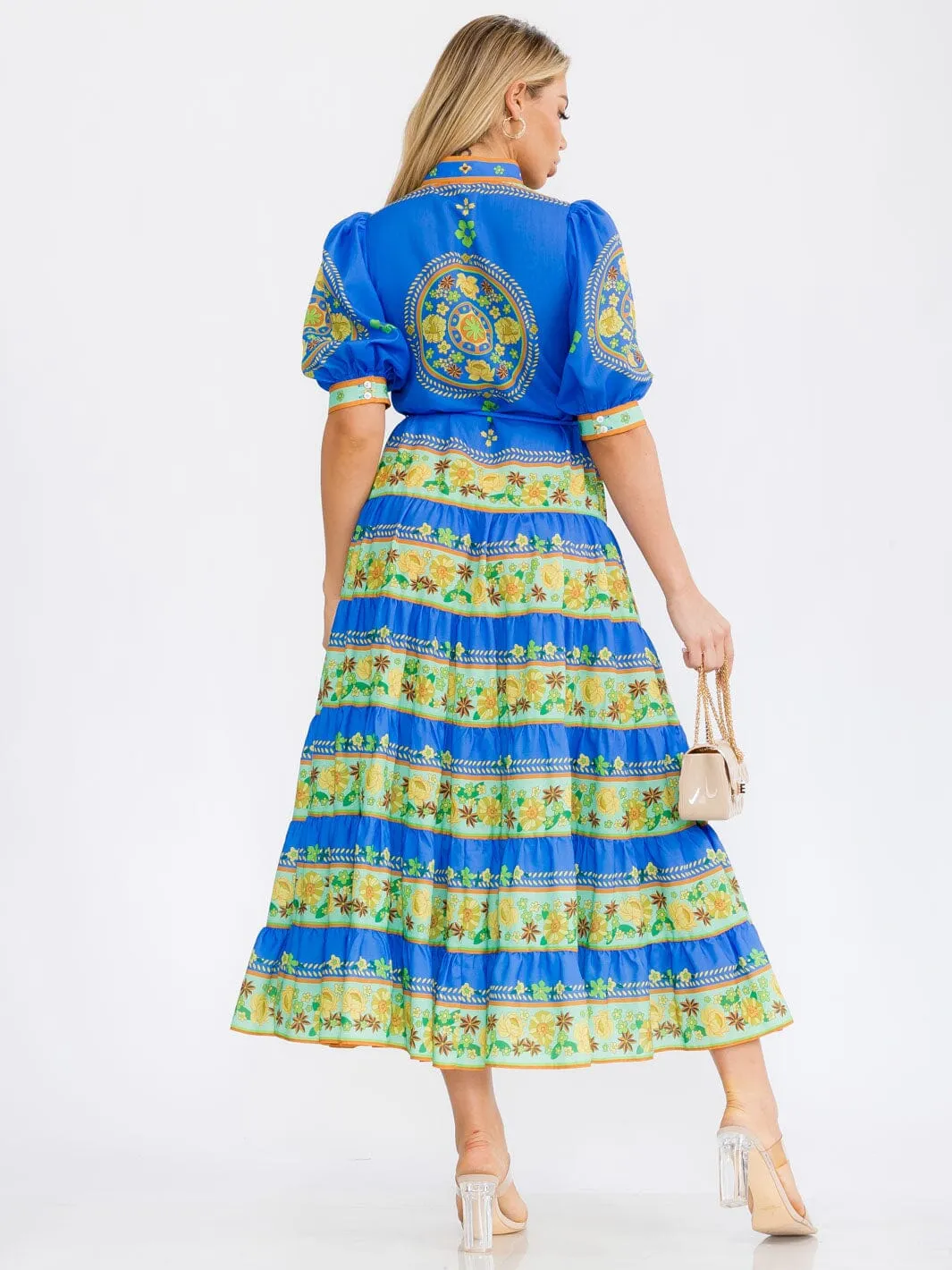 WOMEN'S SHORT PUFF SLEEVES COLORBLOCK BUTTON UP FLORAL MAXI DRESS