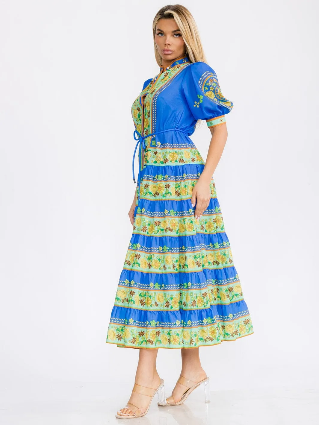 WOMEN'S SHORT PUFF SLEEVES COLORBLOCK BUTTON UP FLORAL MAXI DRESS