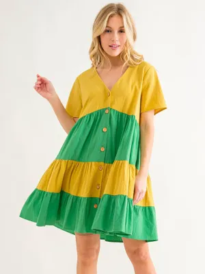 WOMEN'S SHORT RUFFLE SLEEVE POCKETS BUTTON UP TUNIC MINI DRESS