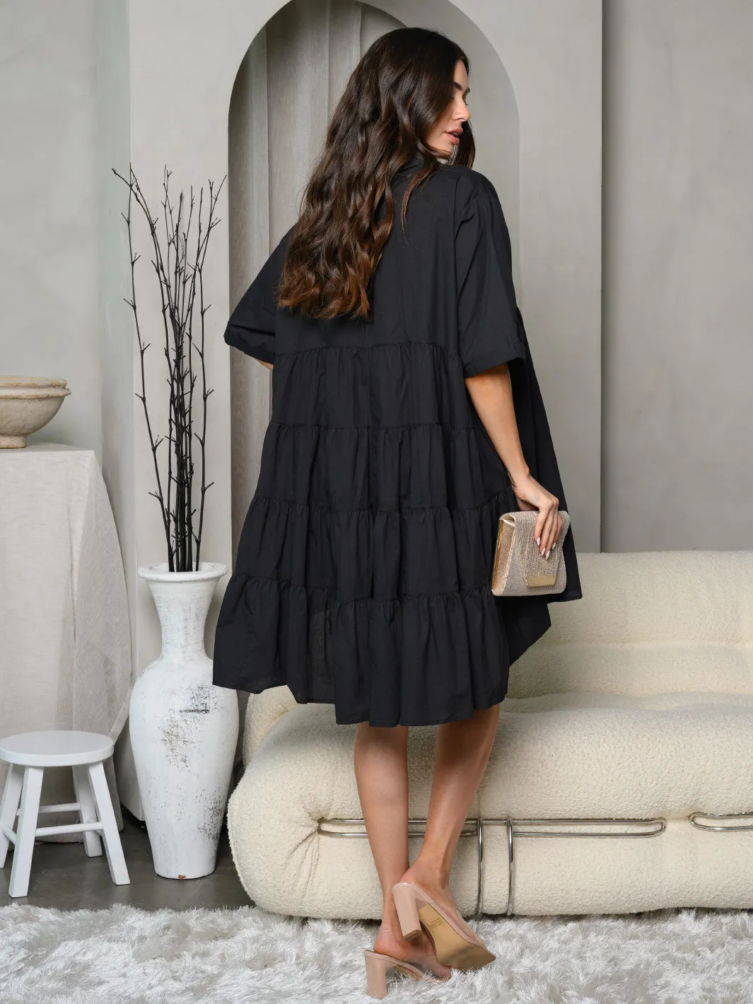 WOMEN'S SHORT SLEEVE BUTTON UP COLLAR TUNIC MINI DRESS