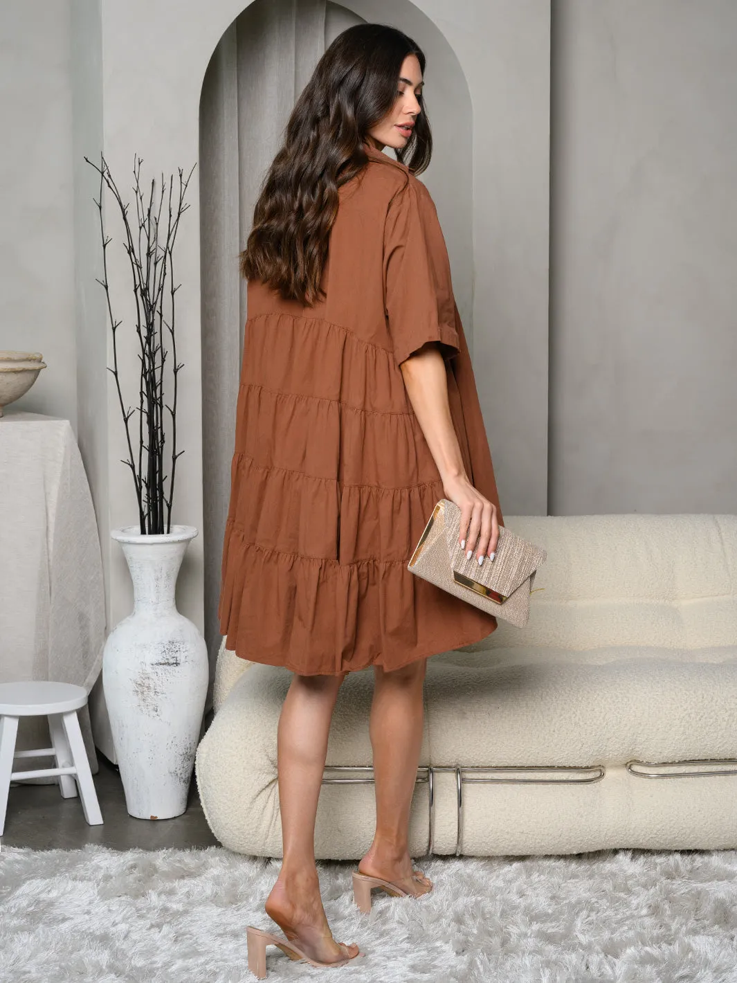WOMEN'S SHORT SLEEVE BUTTON UP COLLAR TUNIC MINI DRESS
