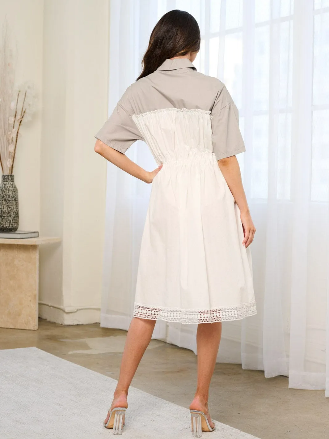 WOMEN'S SHORT SLEEVE BUTTON UP ELASTIC WAIST TRIM DETAILED MIDI DRESS