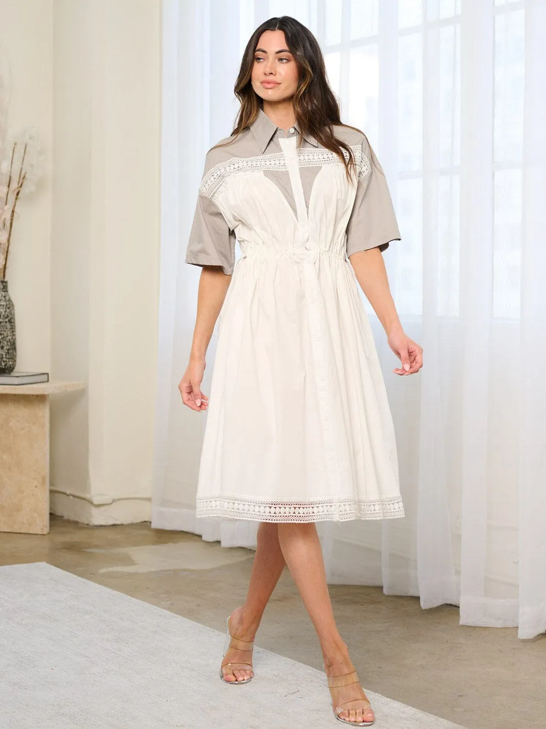 WOMEN'S SHORT SLEEVE BUTTON UP ELASTIC WAIST TRIM DETAILED MIDI DRESS