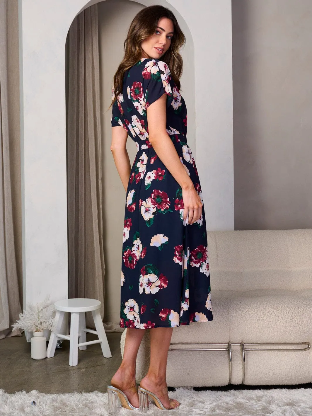 WOMEN'S SHORT SLEEVE BUTTON UP FLORAL MIDI DRESS