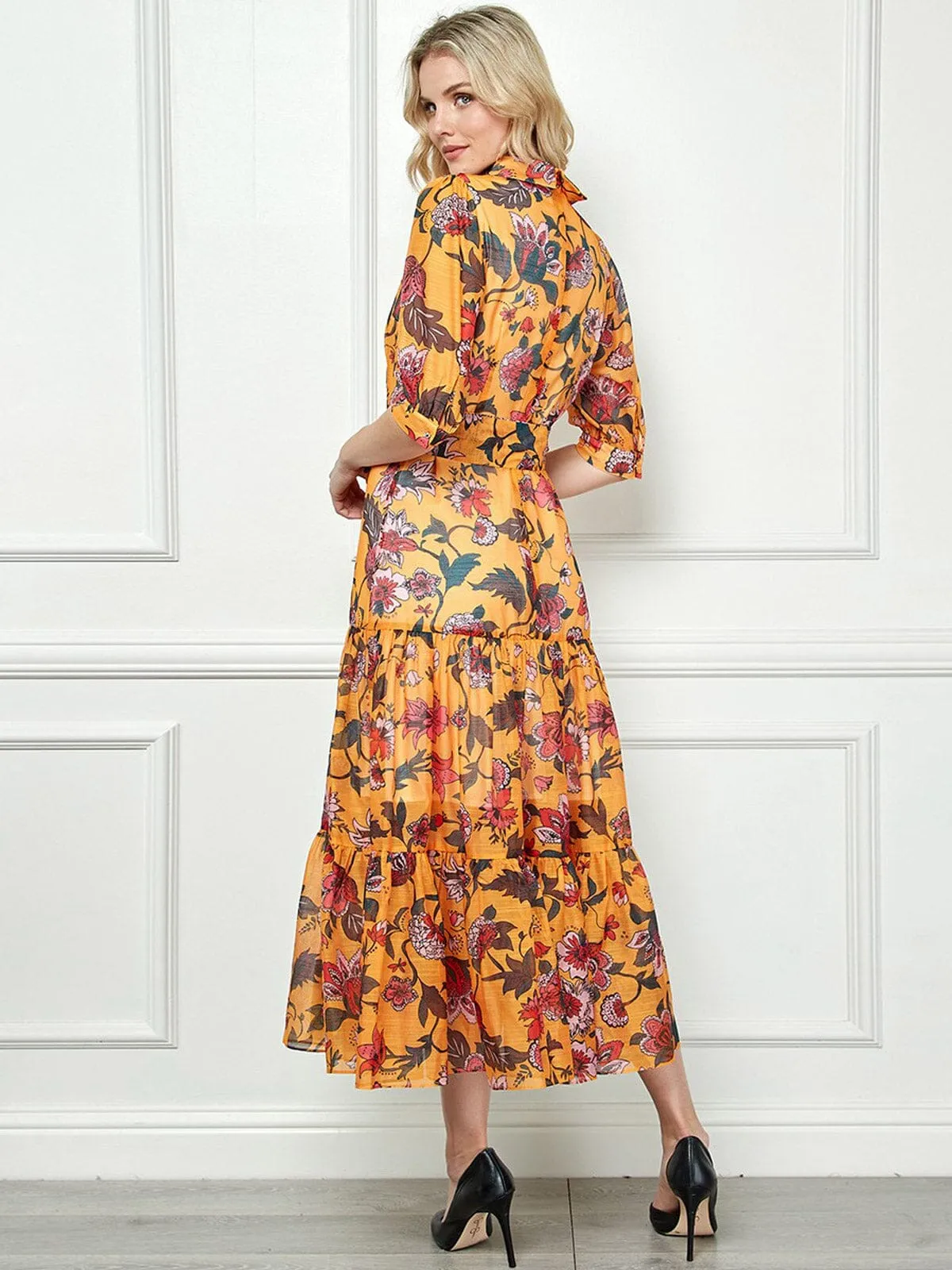 WOMEN'S SHORT SLEEVE BUTTON UP FLORAL TIERED MAXI DRESS