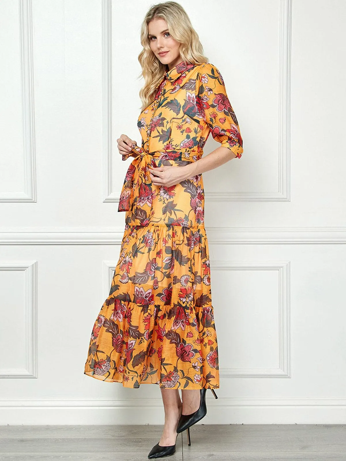 WOMEN'S SHORT SLEEVE BUTTON UP FLORAL TIERED MAXI DRESS