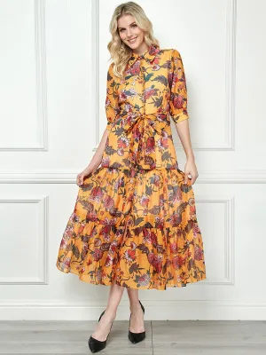 WOMEN'S SHORT SLEEVE BUTTON UP FLORAL TIERED MAXI DRESS
