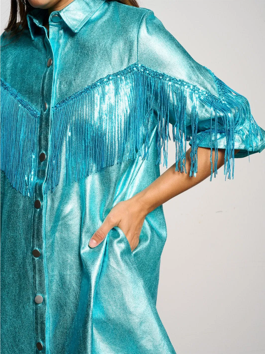 WOMEN'S SHORT SLEEVE BUTTON UP FRINGE METALLIC SHIMMER MINI DRESS