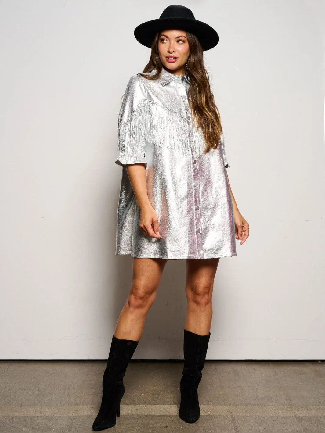 WOMEN'S SHORT SLEEVE BUTTON UP FRINGE METALLIC SHIMMER MINI DRESS