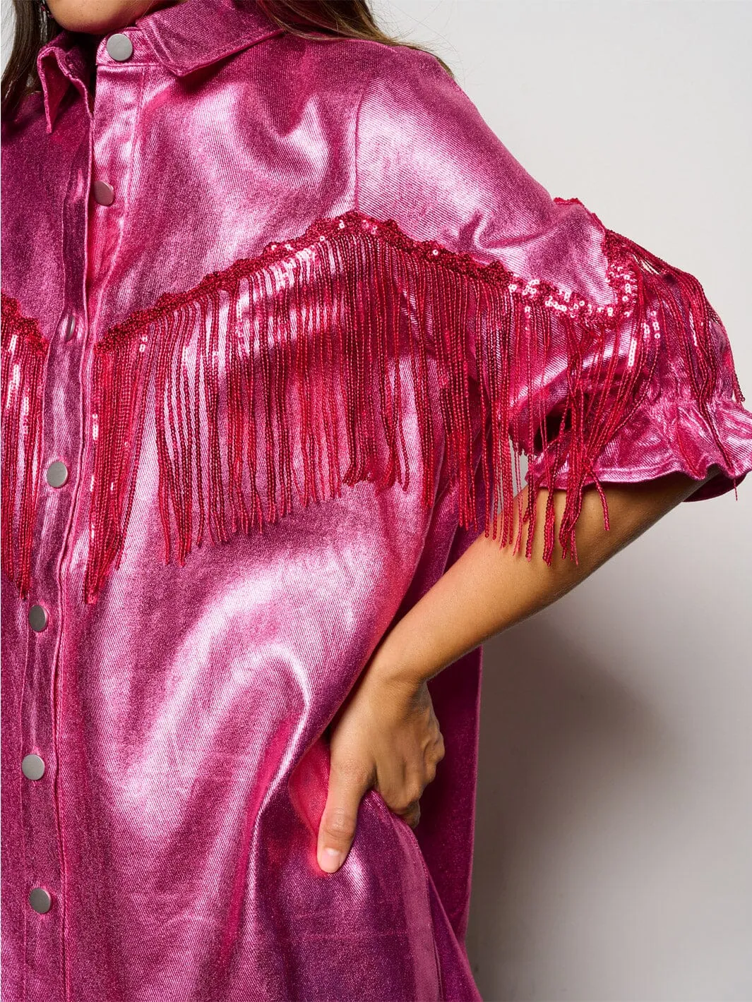 WOMEN'S SHORT SLEEVE BUTTON UP FRINGE METALLIC SHIMMER MINI DRESS
