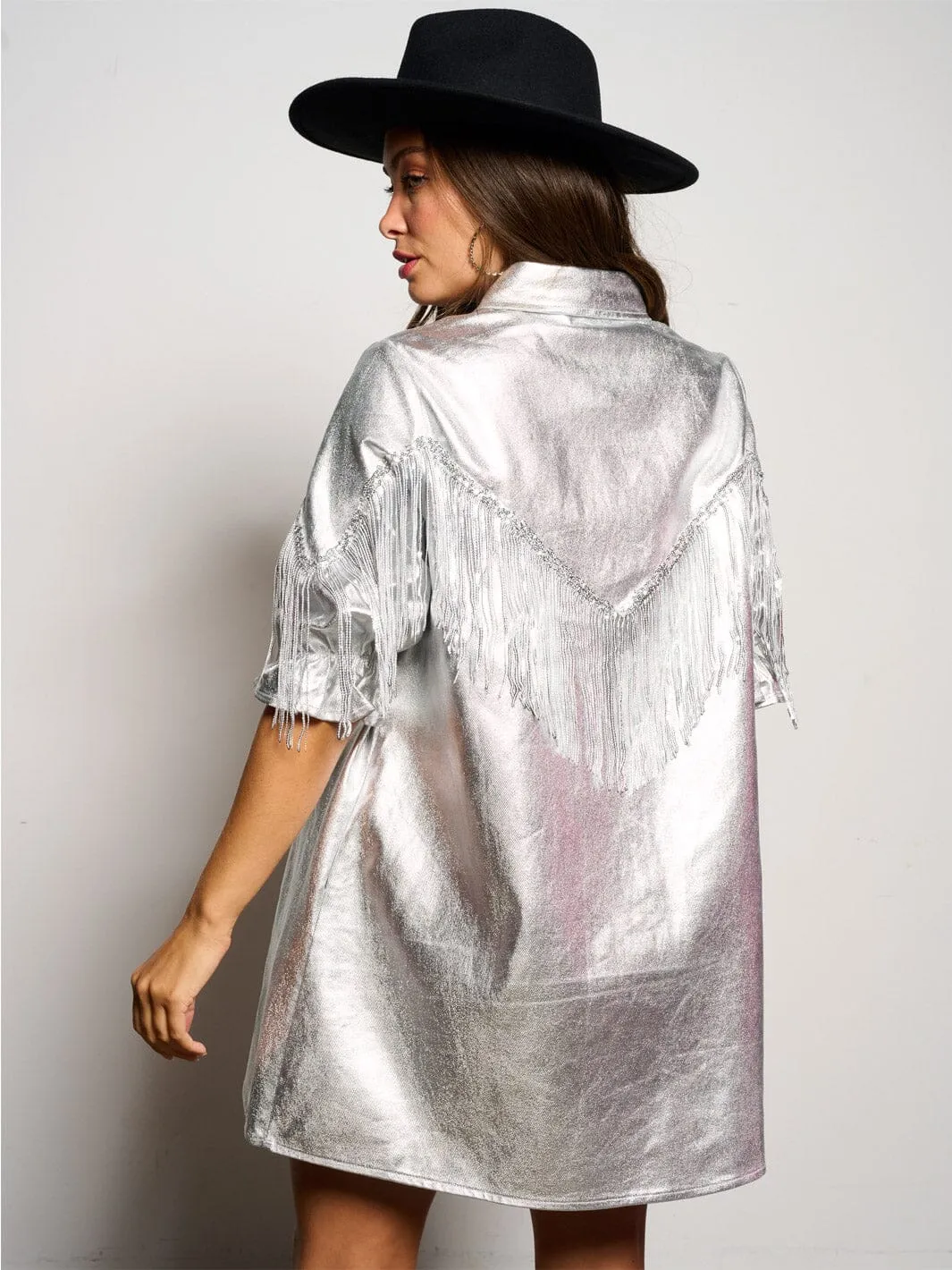 WOMEN'S SHORT SLEEVE BUTTON UP FRINGE METALLIC SHIMMER MINI DRESS