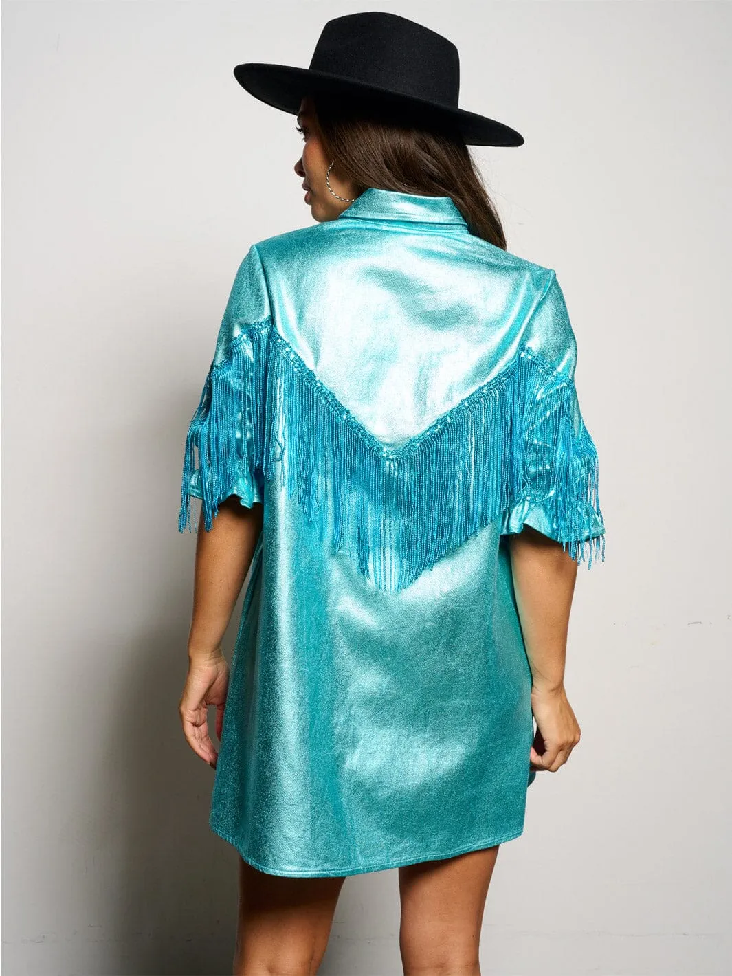 WOMEN'S SHORT SLEEVE BUTTON UP FRINGE METALLIC SHIMMER MINI DRESS