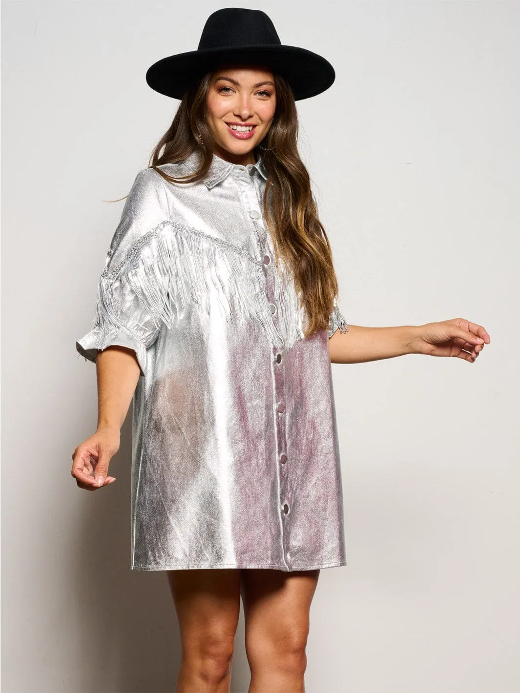 WOMEN'S SHORT SLEEVE BUTTON UP FRINGE METALLIC SHIMMER MINI DRESS