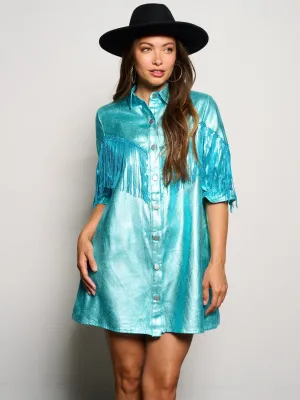WOMEN'S SHORT SLEEVE BUTTON UP FRINGE METALLIC SHIMMER MINI DRESS