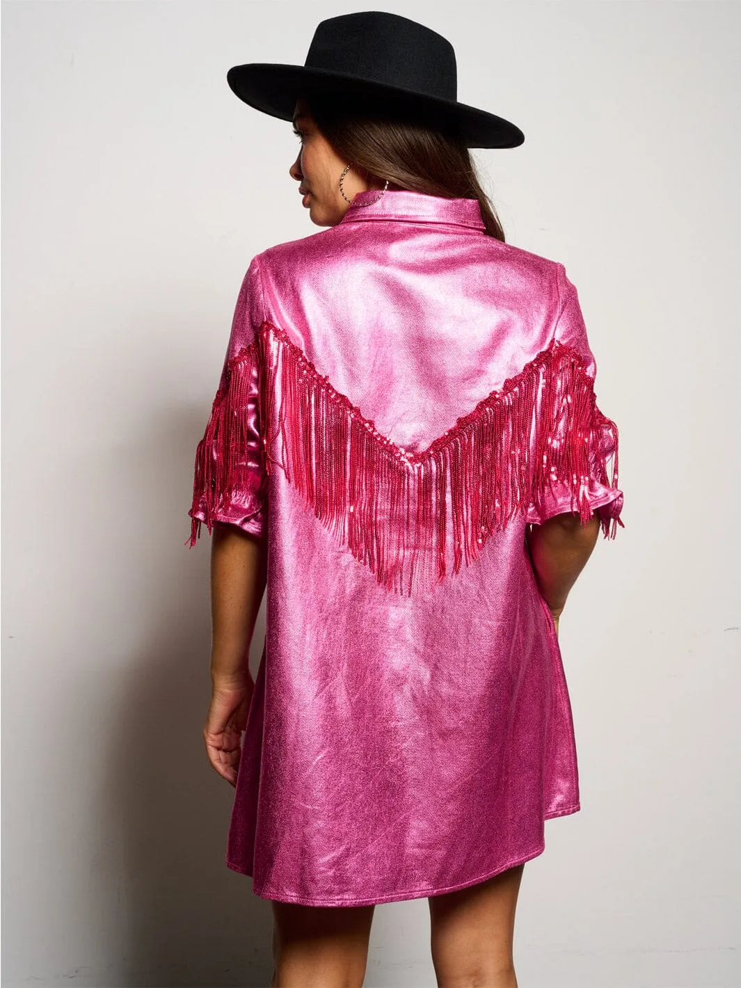 WOMEN'S SHORT SLEEVE BUTTON UP FRINGE METALLIC SHIMMER MINI DRESS