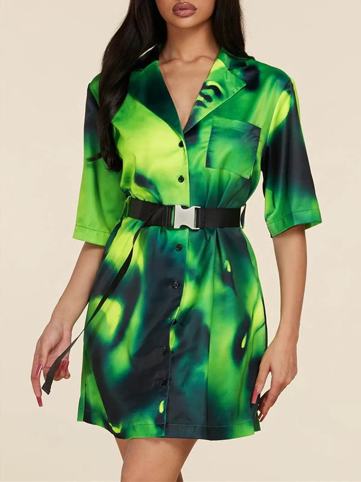WOMEN'S SHORT SLEEVE BUTTON UP MULTI PRINT FRONT BELTED MINI DRESS