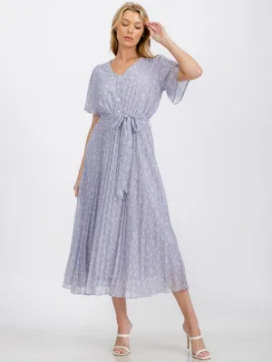 WOMEN'S SHORT SLEEVE BUTTON UP PLEATED FLOWER MAXI DRESS