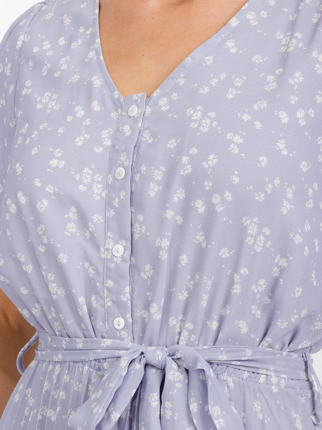 WOMEN'S SHORT SLEEVE BUTTON UP PLEATED FLOWER MAXI DRESS
