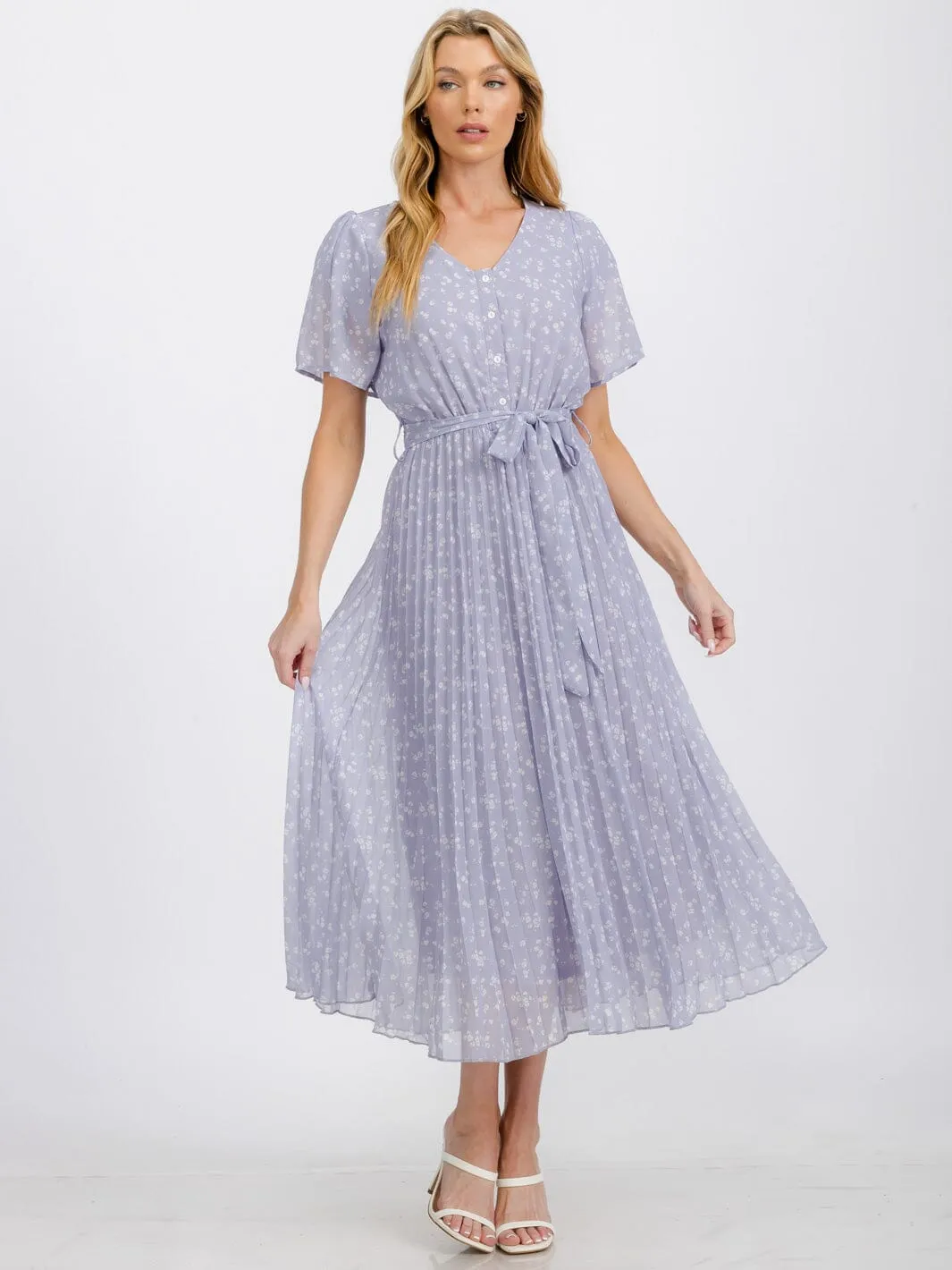 WOMEN'S SHORT SLEEVE BUTTON UP PLEATED FLOWER MAXI DRESS
