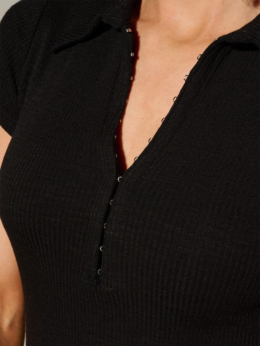 WOMEN'S SHORT SLEEVE BUTTON UP RIBBED BODYCON MINI DRESS