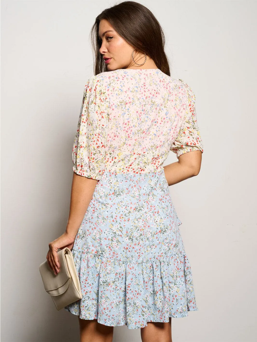 WOMEN'S SHORT SLEEVE BUTTON UP RUFFLE TIERED FLORAL MINI DRESS