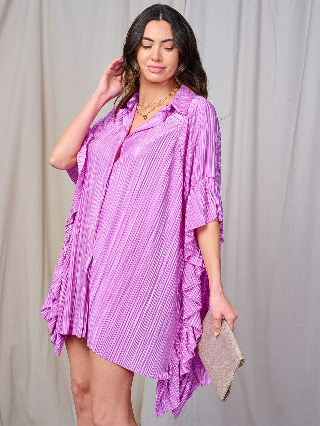 WOMEN'S SHORT SLEEVE BUTTON UP RUFFLE TUNIC MINI DRESS