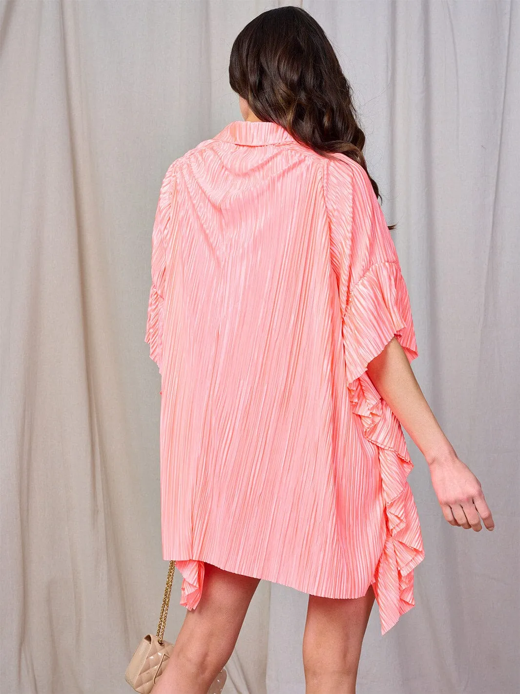 WOMEN'S SHORT SLEEVE BUTTON UP RUFFLE TUNIC MINI DRESS