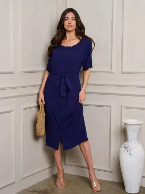 WOMEN'S SHORT SLEEVE BUTTON UP SELF TIE MIDI DRESS