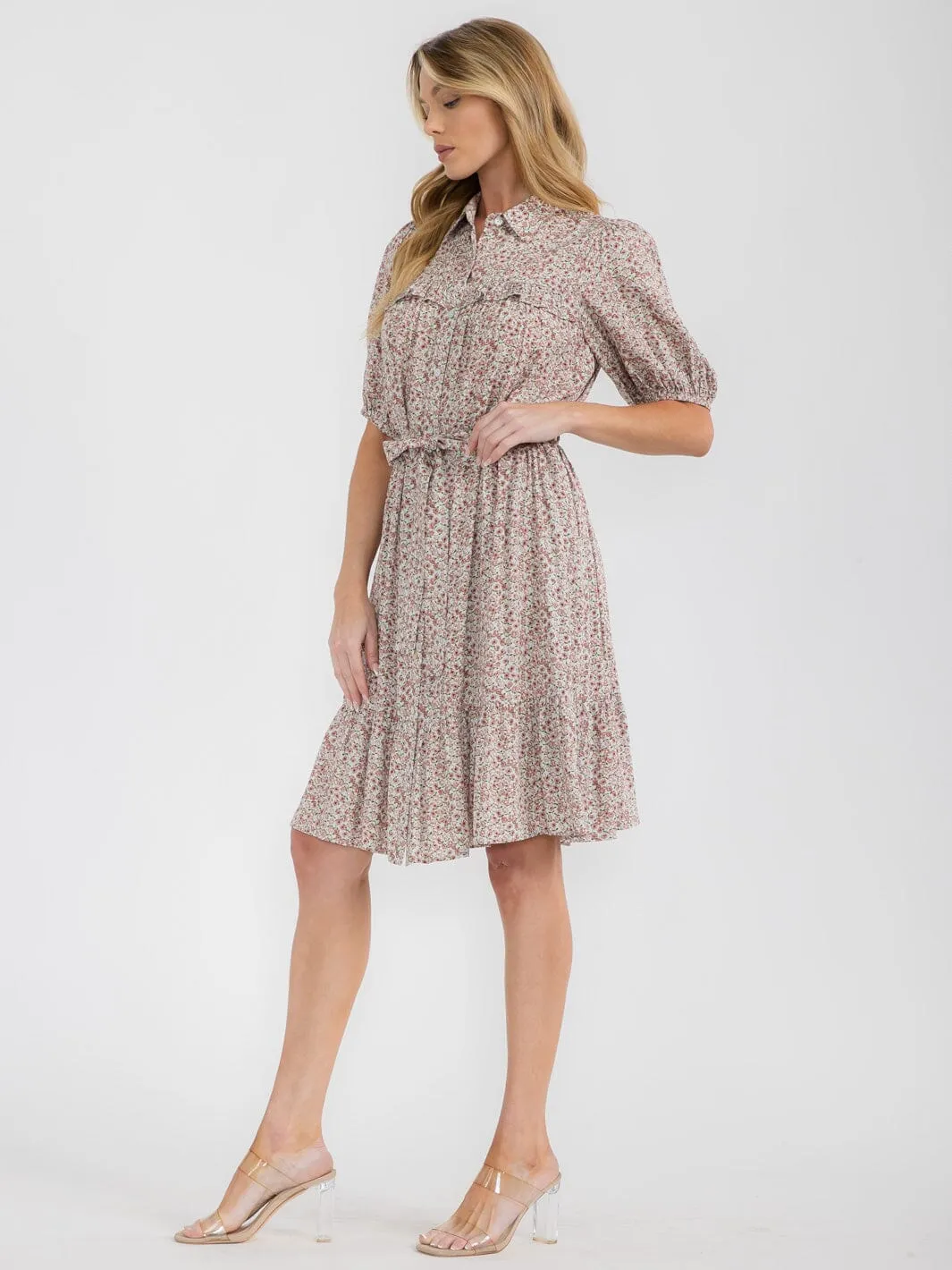 WOMEN'S SHORT SLEEVE BUTTON UP SELF TIE POCKETS FLORAL MINI DRESS