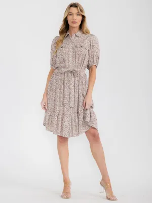WOMEN'S SHORT SLEEVE BUTTON UP SELF TIE POCKETS FLORAL MINI DRESS