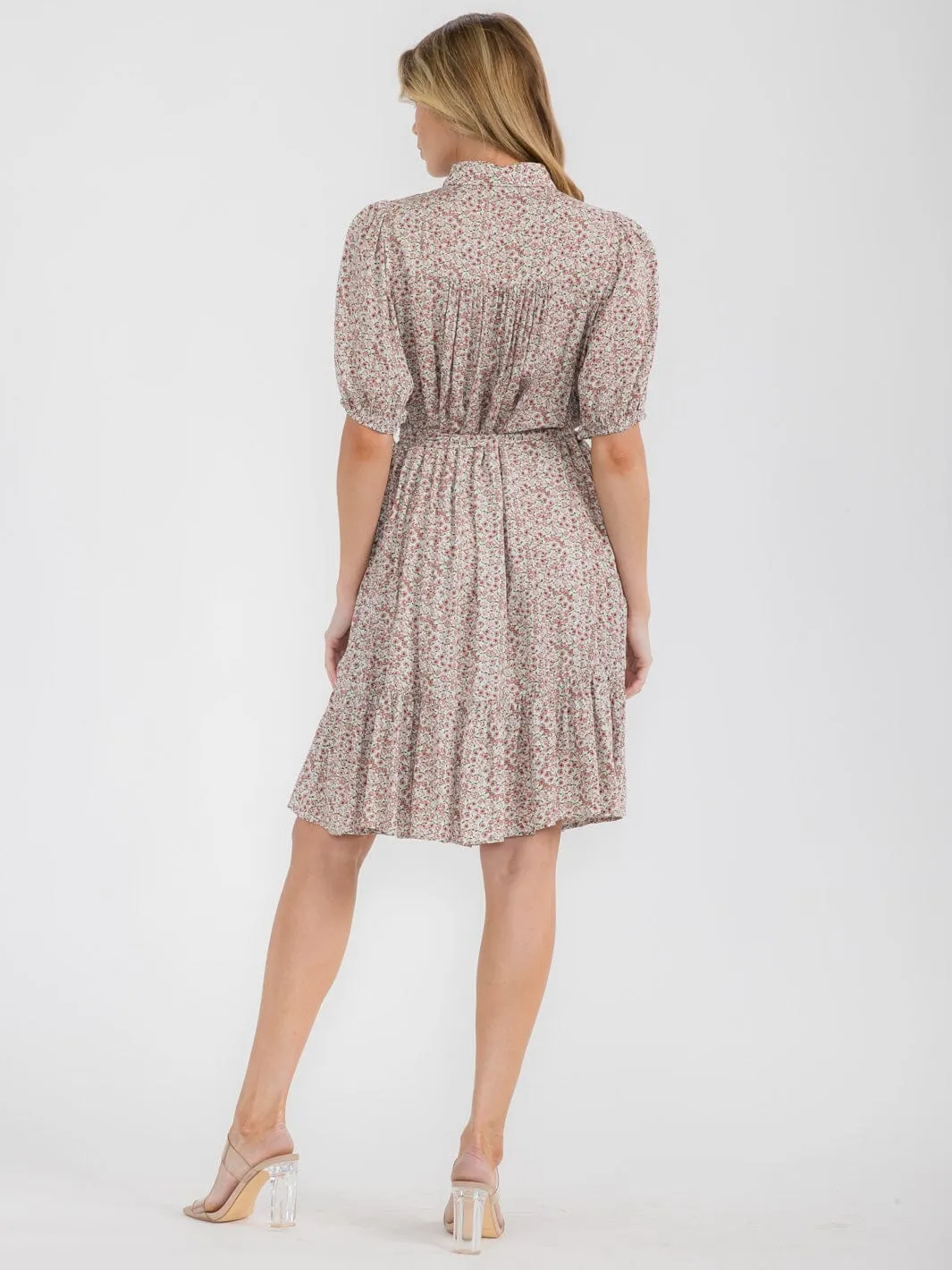 WOMEN'S SHORT SLEEVE BUTTON UP SELF TIE POCKETS FLORAL MINI DRESS