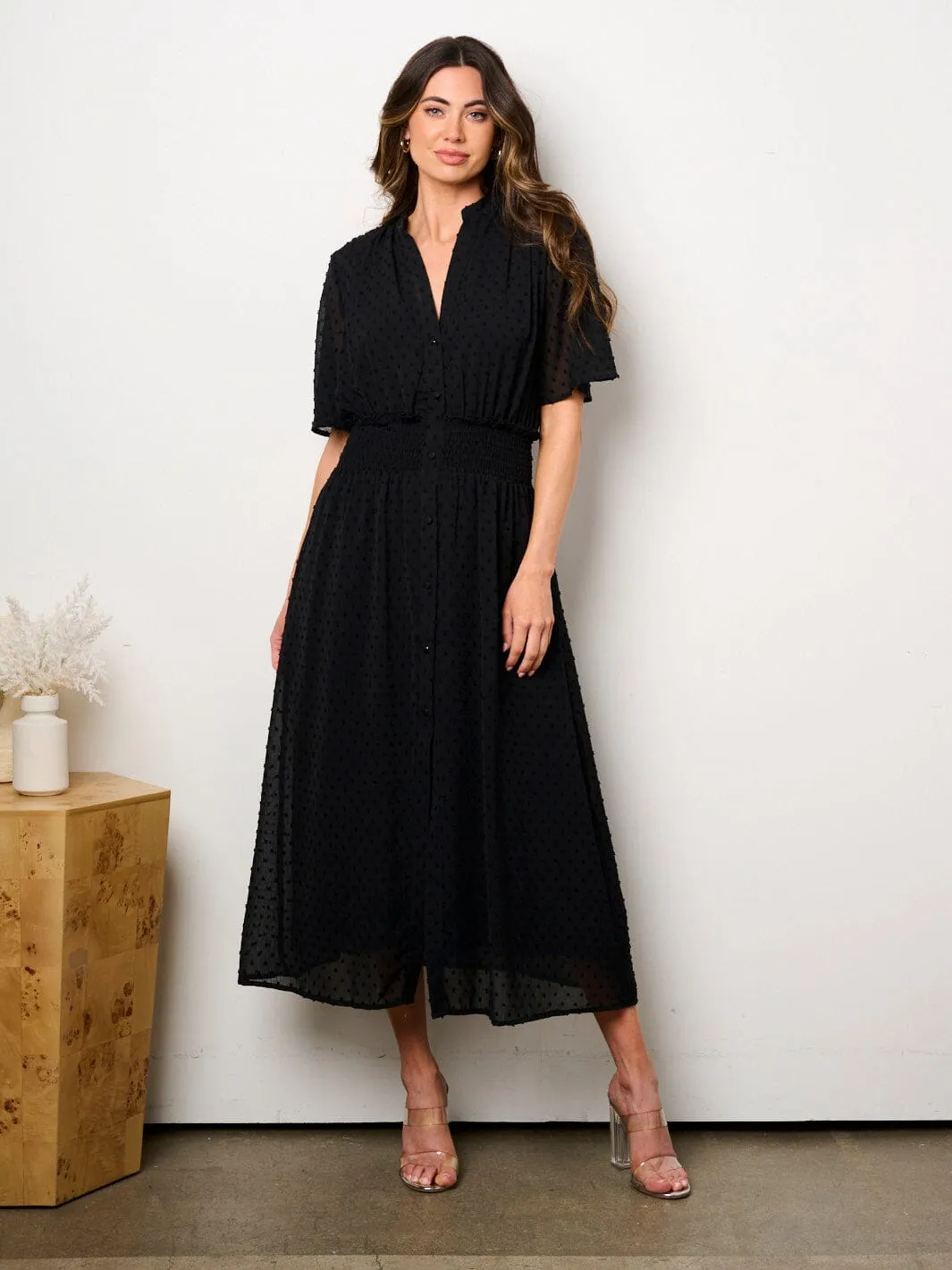 WOMEN'S SHORT SLEEVE BUTTON UP SMOCK SWISS DOTS MAXI DRESS