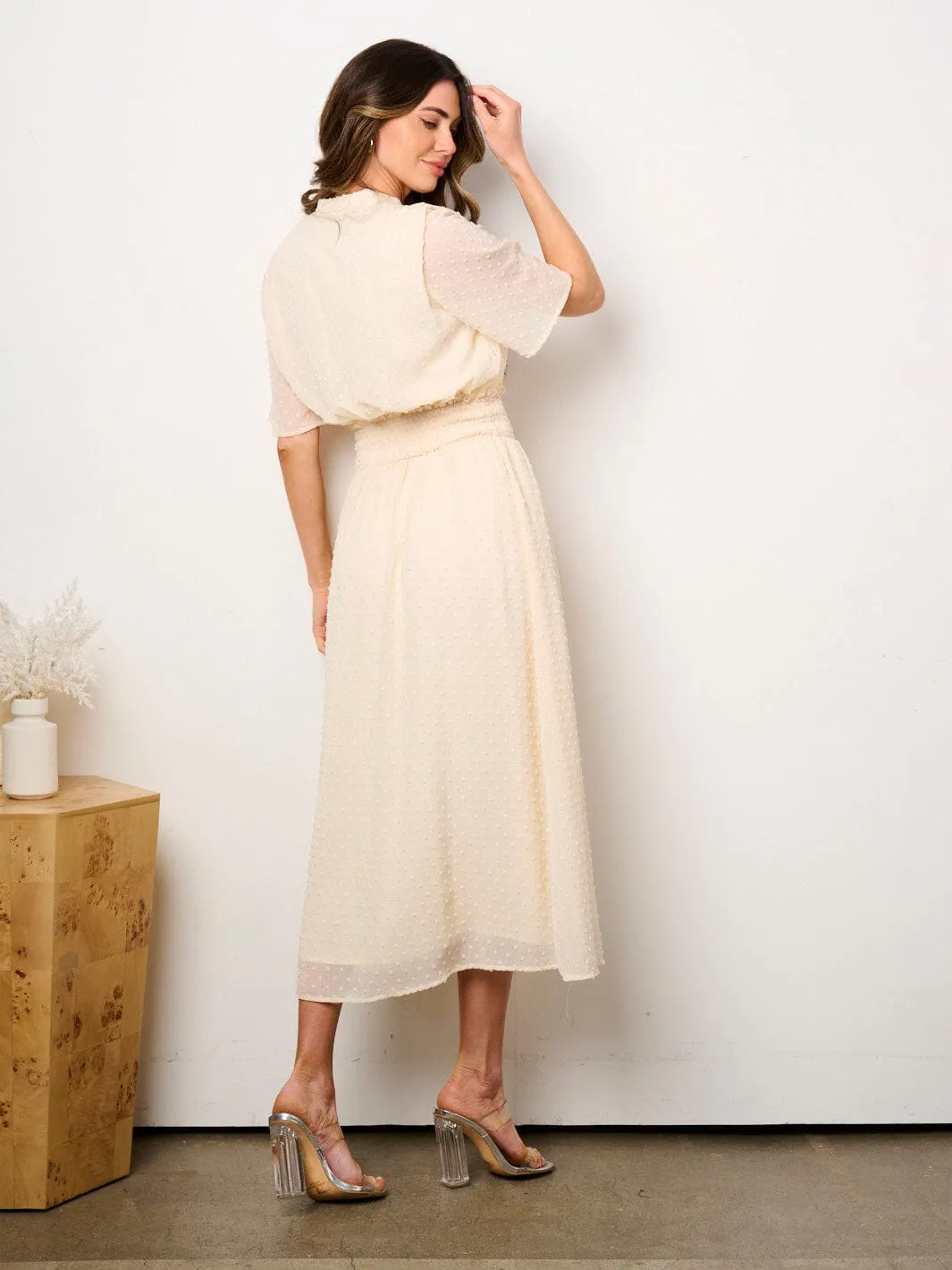 WOMEN'S SHORT SLEEVE BUTTON UP SMOCK SWISS DOTS MAXI DRESS
