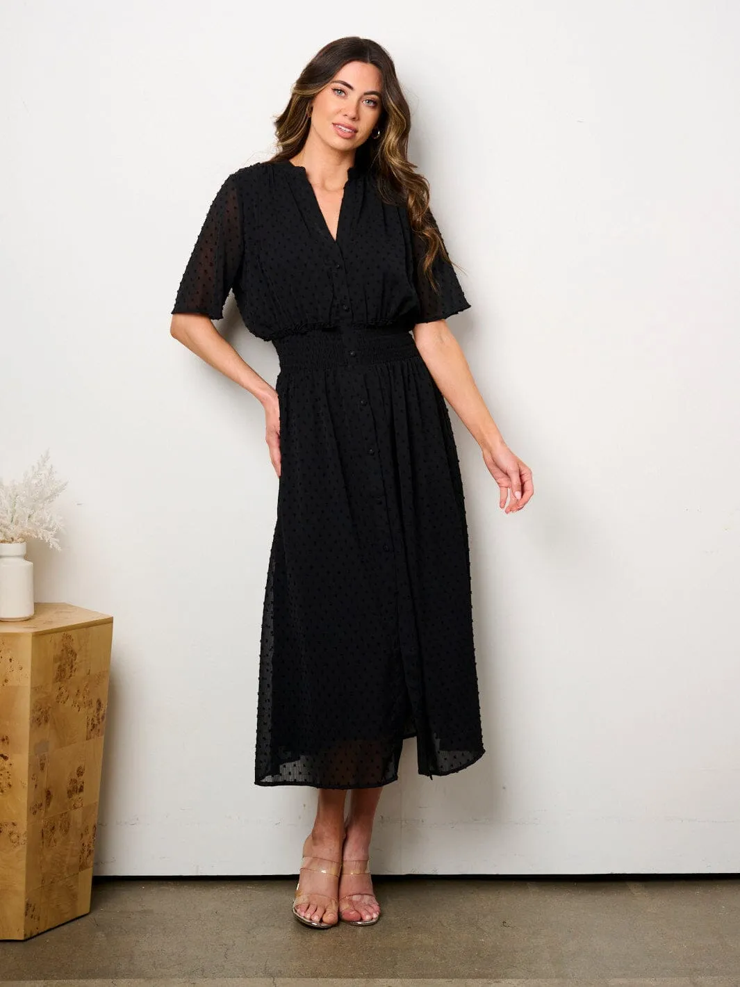 WOMEN'S SHORT SLEEVE BUTTON UP SMOCK SWISS DOTS MAXI DRESS