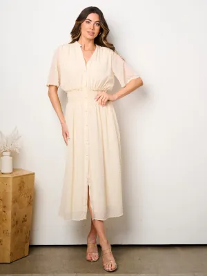 WOMEN'S SHORT SLEEVE BUTTON UP SMOCK SWISS DOTS MAXI DRESS