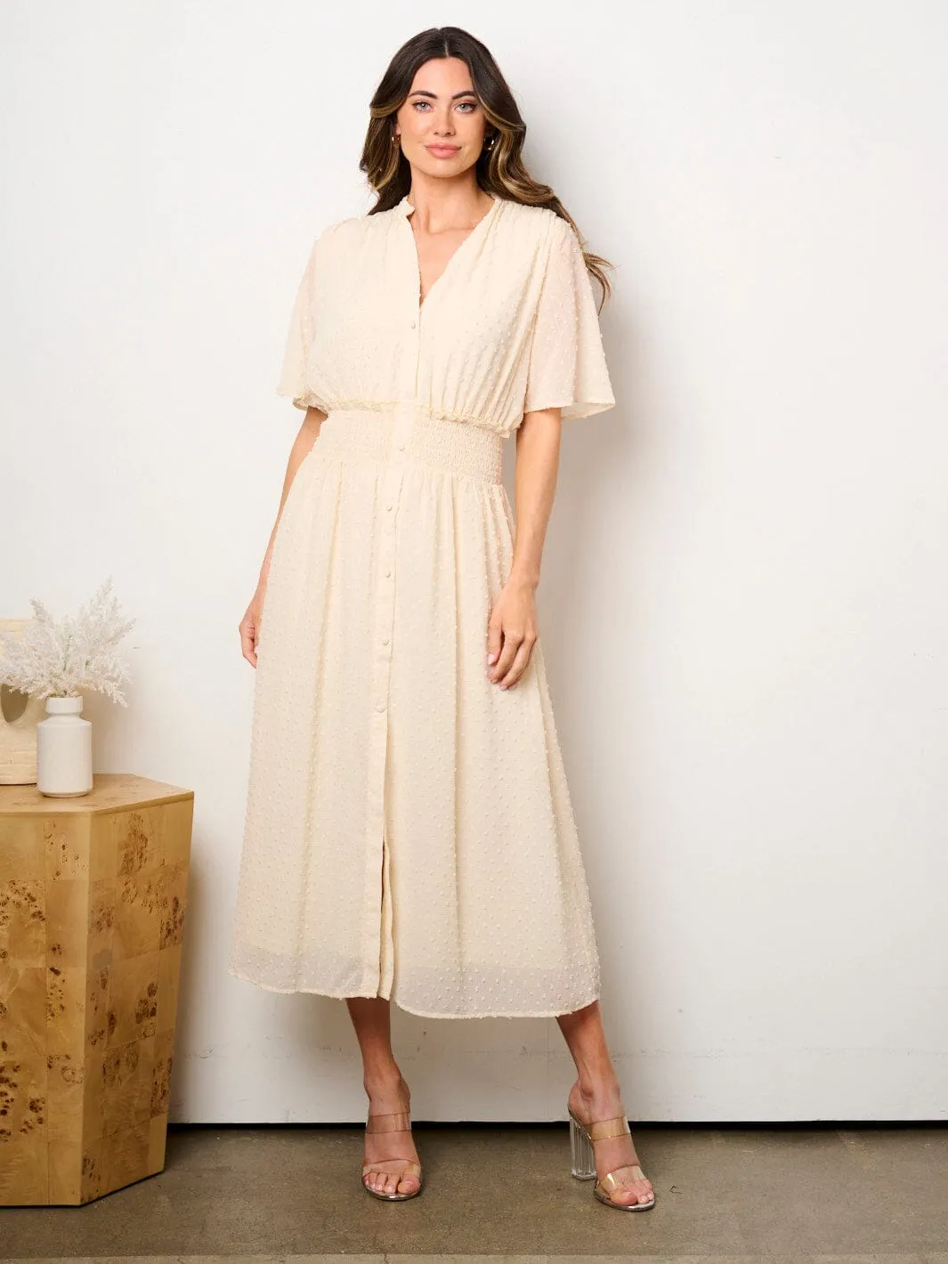 WOMEN'S SHORT SLEEVE BUTTON UP SMOCK SWISS DOTS MAXI DRESS