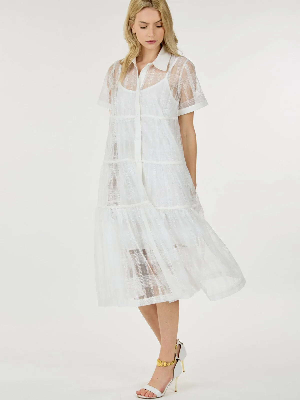 WOMEN'S SHORT SLEEVE BUTTON UP TIERED MIDI DRESS