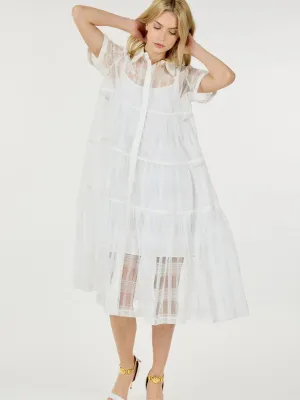 WOMEN'S SHORT SLEEVE BUTTON UP TIERED MIDI DRESS