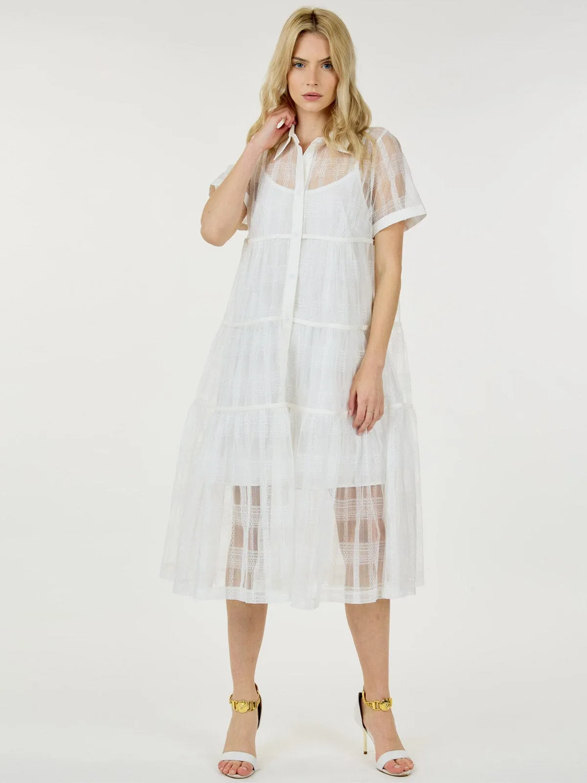 WOMEN'S SHORT SLEEVE BUTTON UP TIERED MIDI DRESS