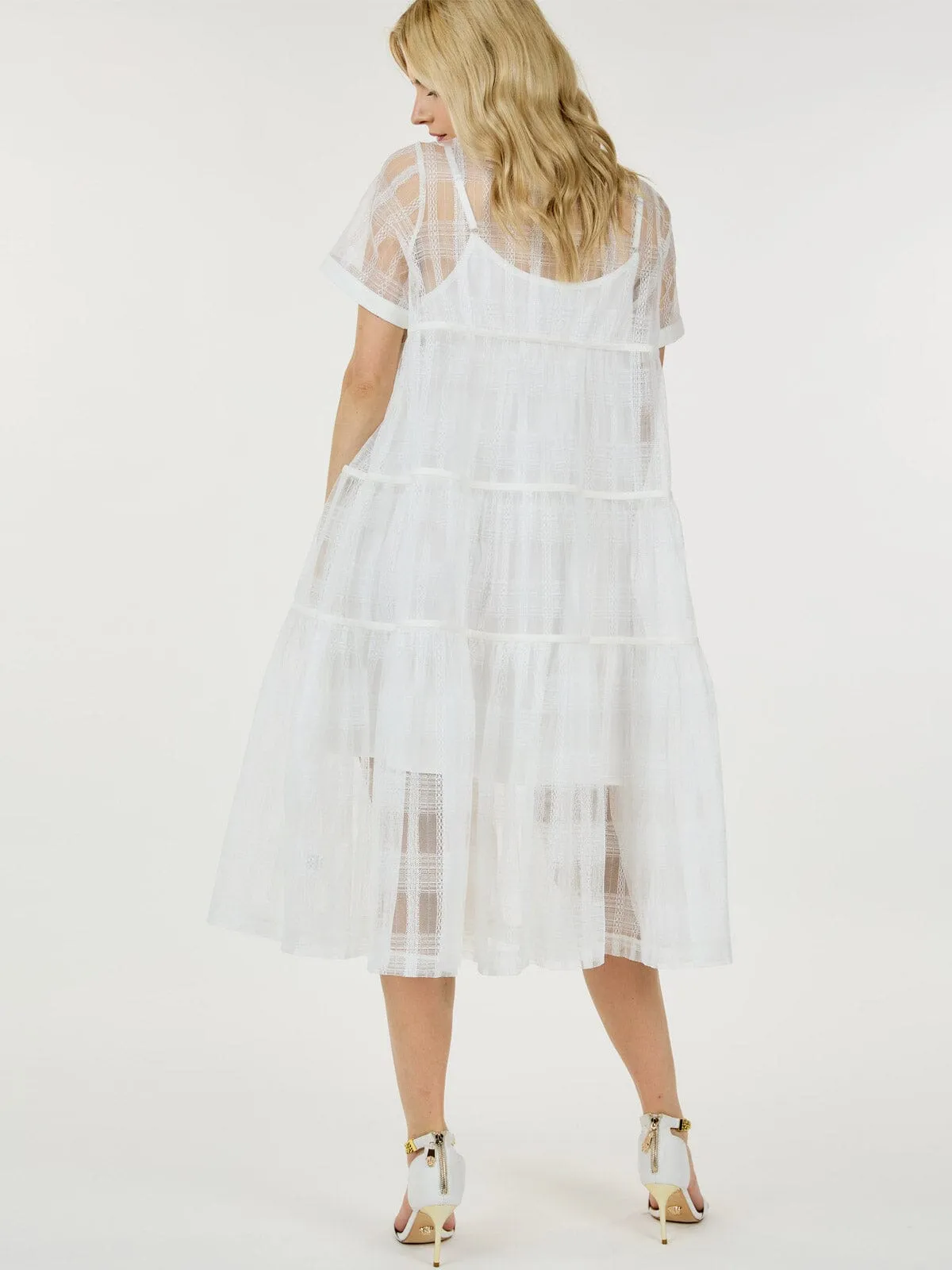 WOMEN'S SHORT SLEEVE BUTTON UP TIERED MIDI DRESS